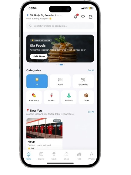 OBAY iOS – Home screen with categories and nearby vendors